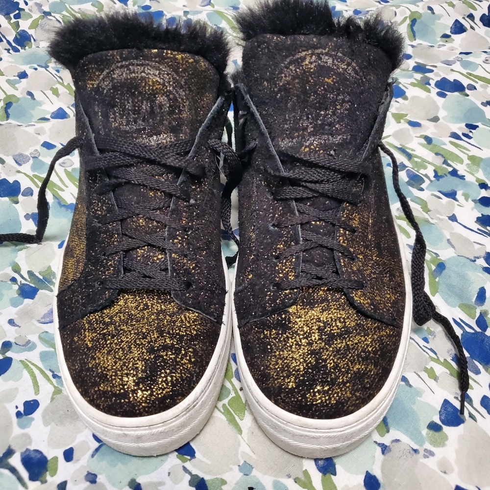 P448 clara black/gold leather metallic faux fur platform slip-on sneaker size 40